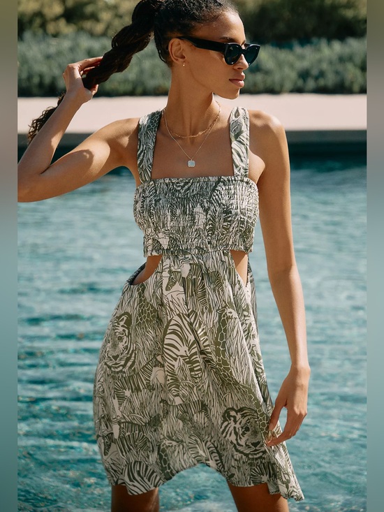 Anthropologie Dresses & Skirts - Anthropologie Piper Square-neck Smocked Cut-out Mini Dress in Moss Safari Print